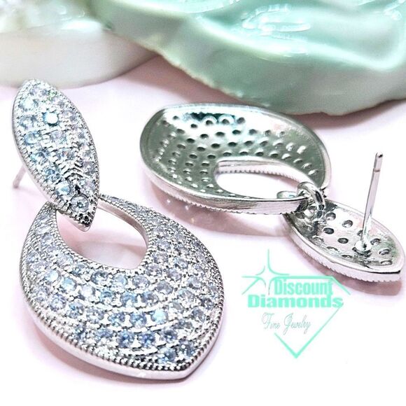 Dainty White Baguette Diamond Dangle Earrings 925 Silver - Picture 4 of 9